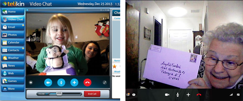LEFT: Shy Alexa shows off her Christmas presents to her great grandmother, Lilian, who has speech aphasia. The two enjoy a 20 minute conversation without a word spoken. Smiles and gestures where all that were needed. RIGHT: Fred’s mother, Lilian, has speech aphasia as a result of a stroke and has difficulty expressing herself over a regular telephone. Here she uses video chat to show her son, Fred, what she is talking about and visually expresses her excitement in receiving a Christmas card from her new friend Angela.